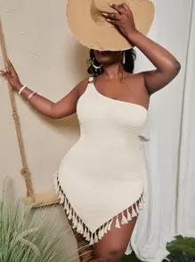 Slaydiva Plus Heart Pattern One Shoulder Ring Fringe Hem Dress - Beige - View 1