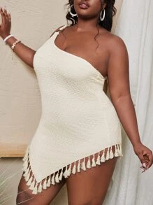 Slaydiva Plus Heart Pattern One Shoulder Ring Fringe Hem Dress - Beige - View 4