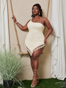 Slaydiva Plus Heart Pattern One Shoulder Ring Fringe Hem Dress - Beige - View 5