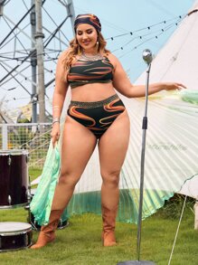 Plus Size Graphic Print High Waist Bikini Set Summer Beach - Multicolor - View 4