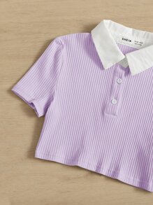 SHEIN 女孩拼接領半排扣羅紋針織T恤 - 紫丁香色 - 查看 4