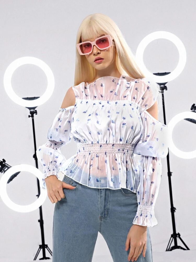 Ditsy Floral Print Cold Shoulder Ruffle Trim Shirred Peplum Organza Top