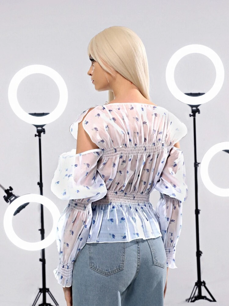 Ditsy Floral Print Cold Shoulder Ruffle Trim Shirred Peplum Organza Top