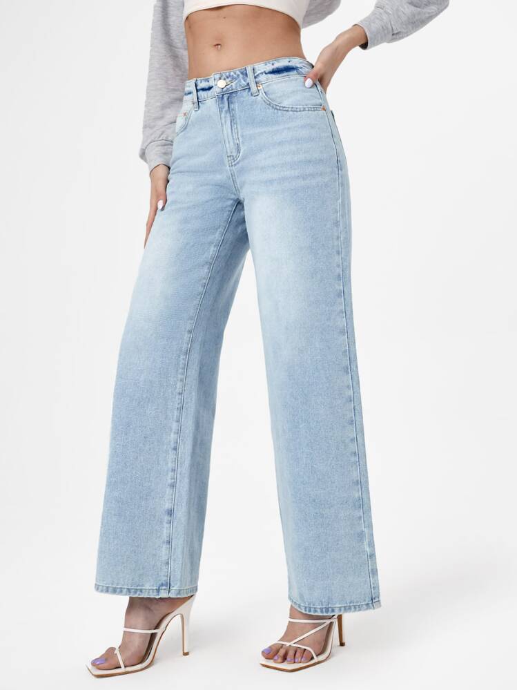 破洞闊腿牛仔褲 - 淺色水洗藍 - 查看 3