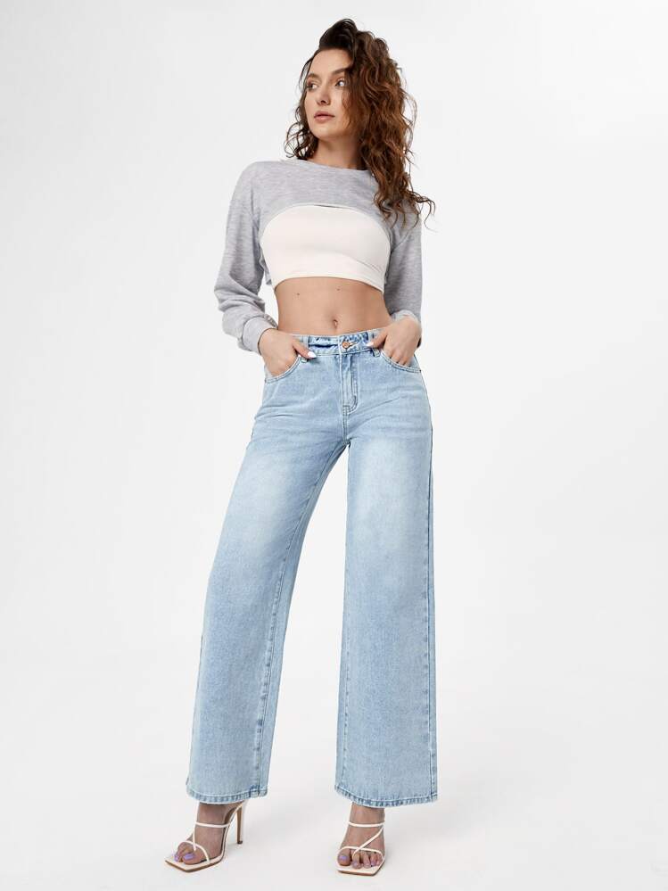 破洞闊腿牛仔褲 - 淺色水洗藍 - 查看 4