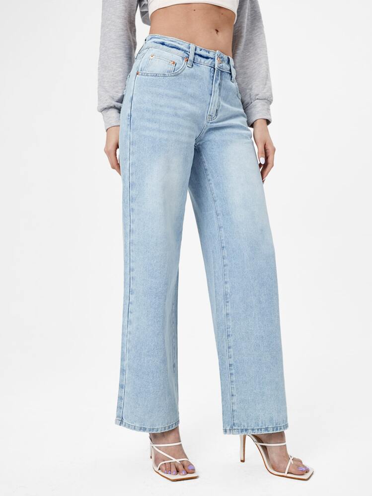 破洞闊腿牛仔褲 - 淺色水洗藍 - 查看 5