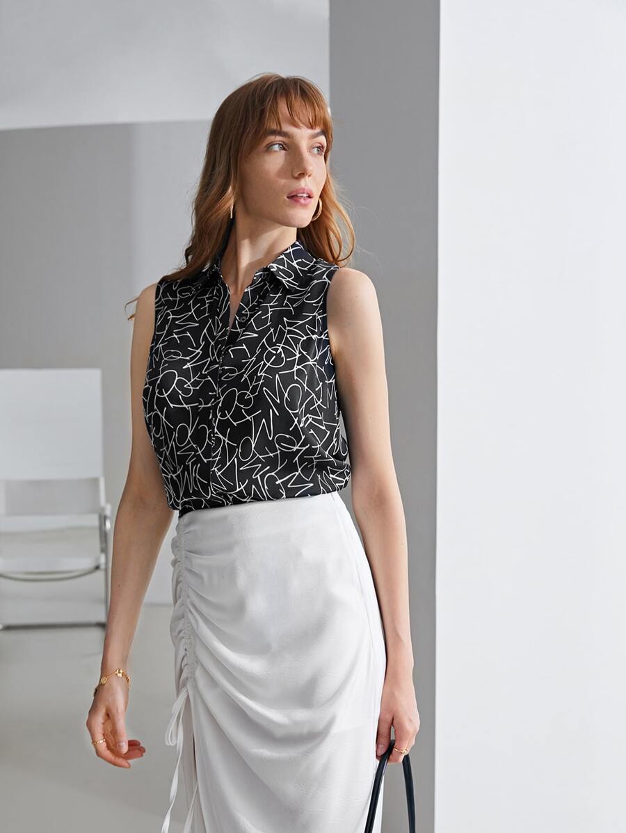 MOTF PREMIUM 真絲翻領無袖襯衫 - 黑與白 - 查看 1