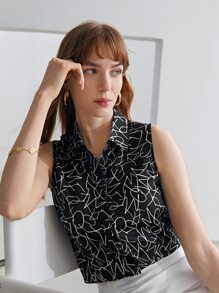 MOTF PREMIUM 真絲翻領無袖襯衫 - 黑與白 - 查看 3