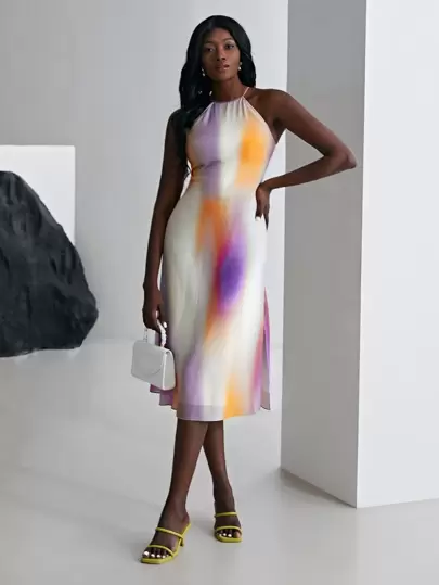 MOTF X KANDINSKY INSPIRED 100% SILK MIDI HALTERNECK DRESS