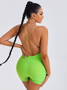 SHEIN SXY 螢光綠後背十字交叉彈力緊身連體短褲 - 青檸色 - 查看 2