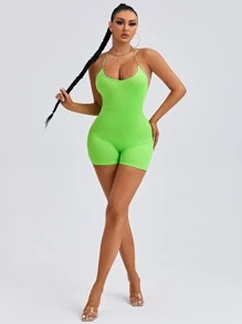 SHEIN SXY 螢光綠後背十字交叉彈力緊身連體短褲 - 青檸色 - 查看 5