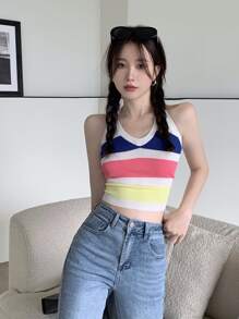 Block Stripe Crop Halter Knit Top - Multicolor - View 1