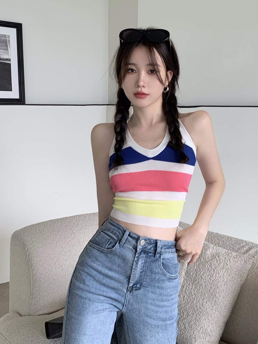 Block Stripe Crop Halter Knit Top - Multicolor - View 1