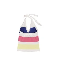 Block Stripe Crop Halter Knit Top - Multicolor - View 2