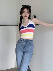 Block Stripe Crop Halter Knit Top - Multicolor - View 3