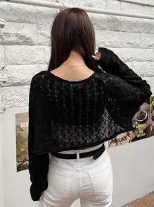 DAZY Open Front Raglan Sleeve Crop Top - Black - View 2