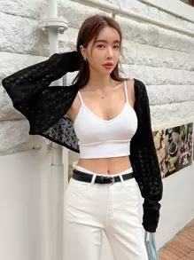 DAZY Open Front Raglan Sleeve Crop Top - Black - View 4