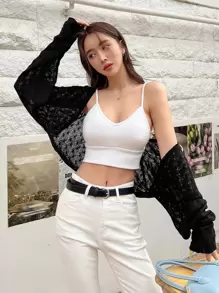 DAZY Open Front Raglan Sleeve Crop Top - Black - View 7