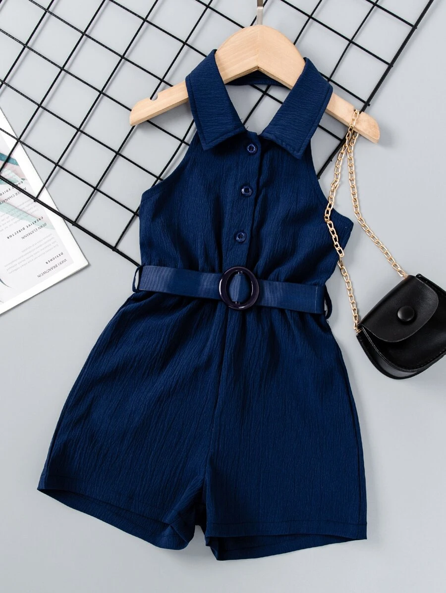 SHEIN Elladie kids 1pc Young Girl Halter Neck Sleeveless Jumpsuit With Half Placket And Elastic Waist, Summer Summer Holiday