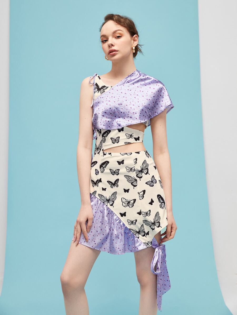 AllAlong Designer Butterfly Print Knot Side Cut Out Dress - Multicolor - View 1