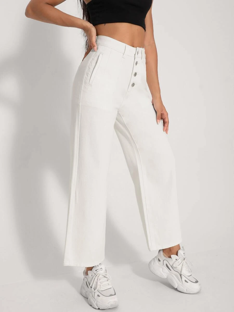 High Waisted Wide Leg Crop Jeans - White - View 1