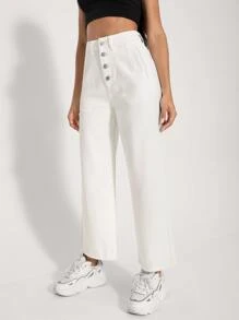 High Waisted Wide Leg Crop Jeans - White - View 3