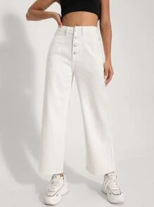 High Waisted Wide Leg Crop Jeans - White - View 4