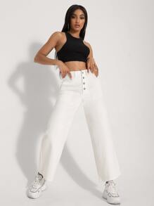 High Waisted Wide Leg Crop Jeans - White - View 5