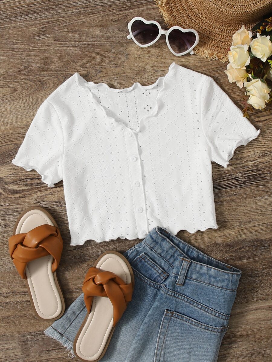 SHEIN Girls Button Front Lettuce Trim T-Shirt - White - View 1