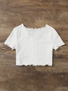 SHEIN Girls Button Front Lettuce Trim T-Shirt - White - View 2