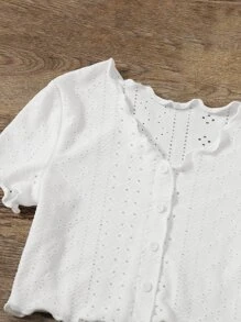 SHEIN Girls Button Front Lettuce Trim T-Shirt - White - View 3