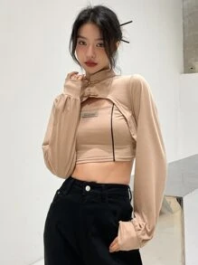 DAZY 字母补丁青蛙纽扣前 T 恤，秋季服装长袖女式上衣短款女式上衣 - 卡其色 - 查看 5