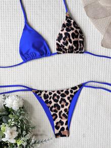 Conjunto de bikini triángulo con estampado de leopardo tipo halter para el verano y las vacaciones en la playa - azul real - Ver 4