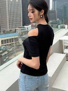 DAZY Áo thun dệt kim cắt rời cho lễ hội Going Out Tops - màu đen - Xem 2