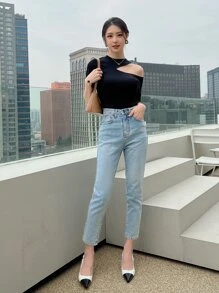 DAZY Áo thun dệt kim cắt rời cho lễ hội Going Out Tops - màu đen - Xem 4