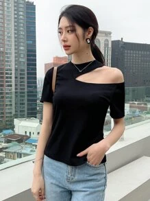 DAZY Áo thun dệt kim cắt rời cho lễ hội Going Out Tops - màu đen - Xem 5