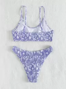 SHEIN Swim Summer Beach Random Floral Print Bikini Set Smocked Wireless Bra Top & Bikini Bottom 2 Piece Bathing Suit - Purple - View 2