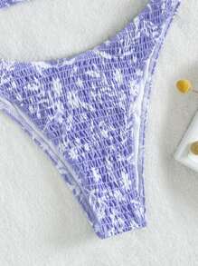 SHEIN Swim Summer Beach Random Floral Print Bikini Set Smocked Wireless Bra Top & Bikini Bottom 2 Piece Bathing Suit - Purple - View 3