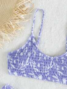 SHEIN Swim Summer Beach Random Floral Print Bikini Set Smocked Wireless Bra Top & Bikini Bottom 2 Piece Bathing Suit - Purple - View 4