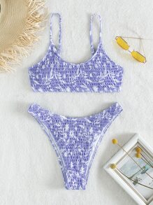 SHEIN Swim Summer Beach Random Floral Print Bikini Set Smocked Wireless Bra Top & Bikini Bottom 2 Piece Bathing Suit - Purple - View 6