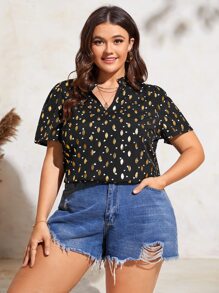 SHEIN Clasi Plus Gold Dot & Confetti Heart Print Puff Sleeve Notched Neck Blouse - Black - View 1