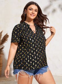 SHEIN Clasi Plus Gold Dot & Confetti Heart Print Puff Sleeve Notched Neck Blouse - Black - View 4