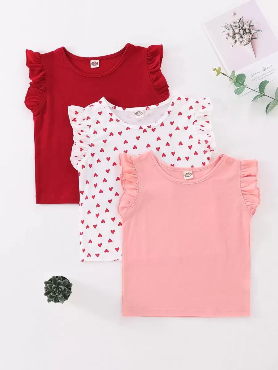 SHEIN Niña Joven - 3 Piezas Camiseta De Manga Con Volantes Con Impresión De Corazón