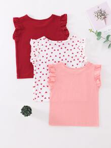 SHEIN Niña Joven - 3 Piezas Camiseta De Manga Con Volantes Con Impresión De Corazón
