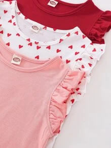SHEIN Niña Joven - 3 Piezas Camiseta De Manga Con Volantes Con Impresión De Corazón