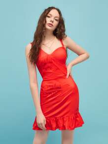 SM88 Lip Print Ruffle Hem Cami Dress - Red - View 1