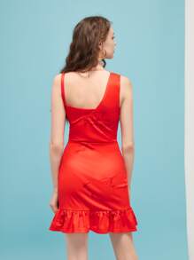 SM88 Lip Print Ruffle Hem Cami Dress - Red - View 2