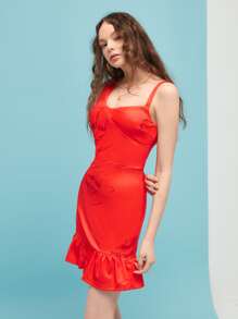 SM88 Lip Print Ruffle Hem Cami Dress - Red - View 3