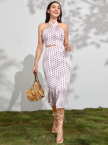 Mulvari 波點圖案後背繫帶掛脖上衣和荷葉邊半身裙 - 白色 - 查看 1