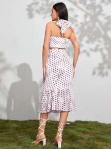 Mulvari 波點圖案後背繫帶掛脖上衣和荷葉邊半身裙 - 白色 - 查看 2